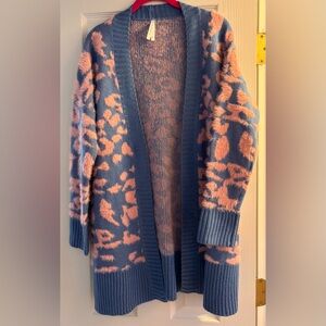 Dreamers Blue and Pink Leopard Print Cardigan Sweater medium